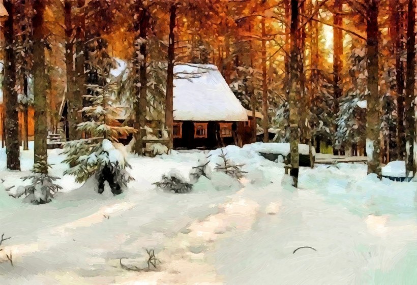 点击大图看下一张：冬日雪景油画图片