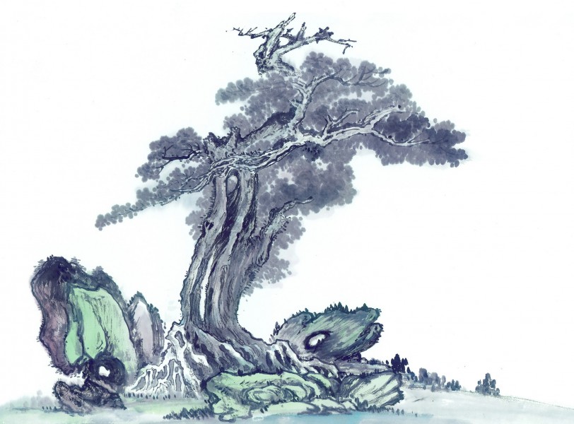 点击大图看下一张：古树奇石水墨图片