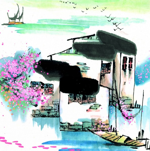 点击大图看下一张：江南水乡夏天水墨图片