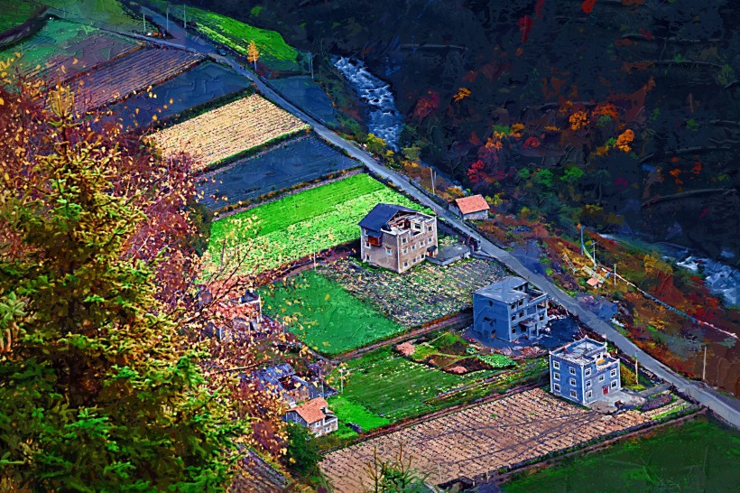 点击大图看下一张：四川阿坝米亚罗风景油画效果图片