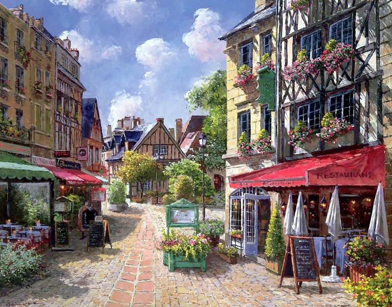 点击大图看下一张：欧洲小镇风景油画图片