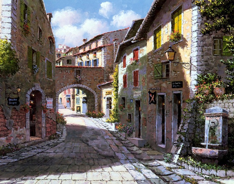 点击大图看下一张：欧洲小镇风景油画图片