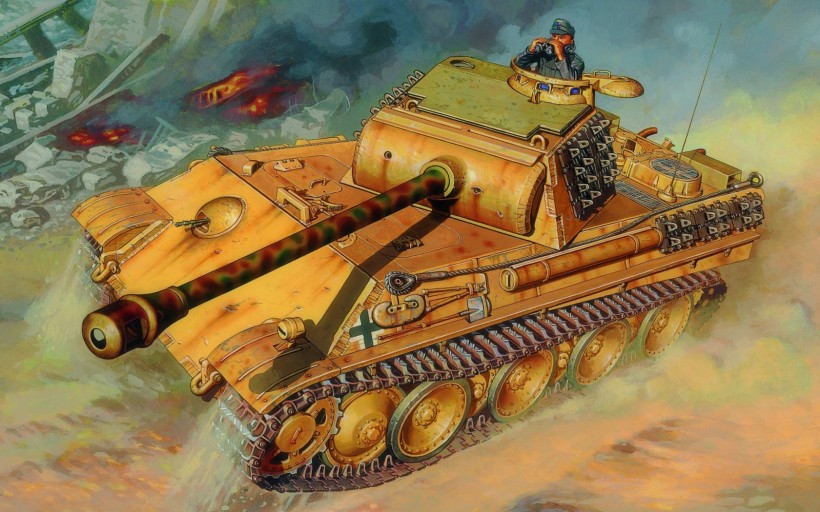 点击大图看下一张：逼真军用坦克油画图片
