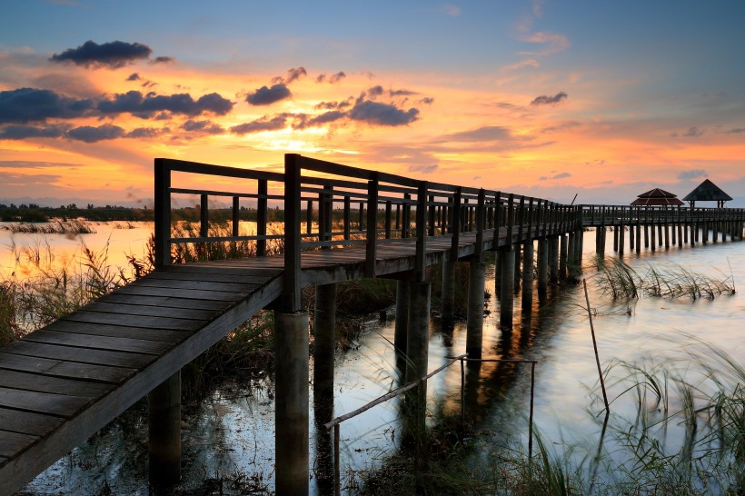 点击大图看下一张：傍晚海边木制码头风景图片