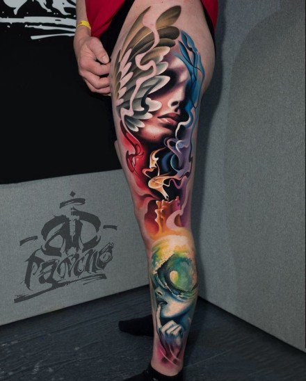 点击大图看下一张：包臂包小腿的欧美写实人物纹身图