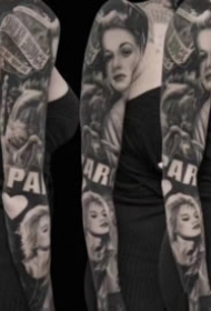 欧美黑灰写实风格的大黑花臂纹身图案
