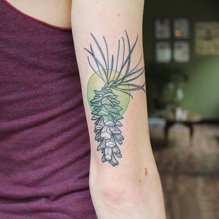 点击大图看下一张：手臂上很好看的双色植物线条纹身图片