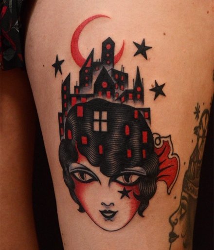 点击大图看下一张：红黑色的oldschool女郎纹身图片
