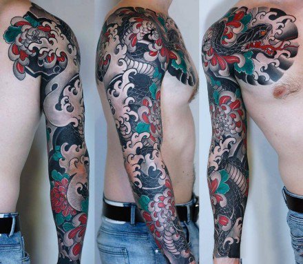 点击大图看下一张：老传统风格的9张花臂纹身作品图