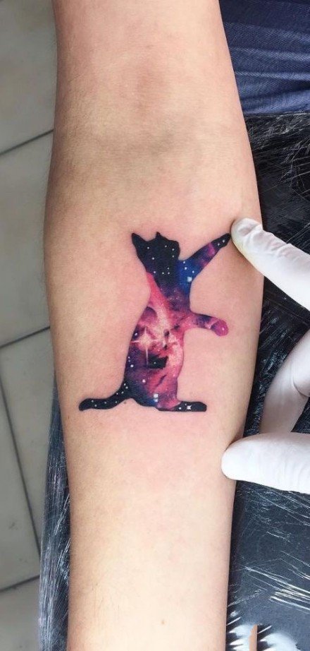点击大图看下一张：猫的轮廓+星空主题的一组纹身作品