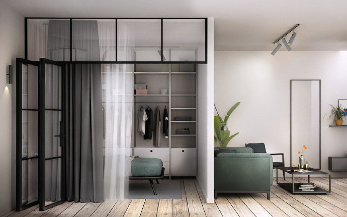 点击大图看下一张：妙用玻璃隔断的单身公寓 小户型也能做出大空间