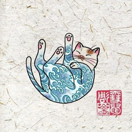 点击大图看下一张：日式浮世绘风格的小猫咪纹身图片