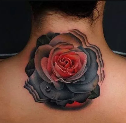 点击大图看下一张：3D写实风格的玫瑰花朵纹身图片
