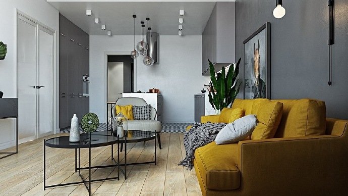 点击大图看下一张：乌克兰灰黄搭配的简约公寓装修效果图