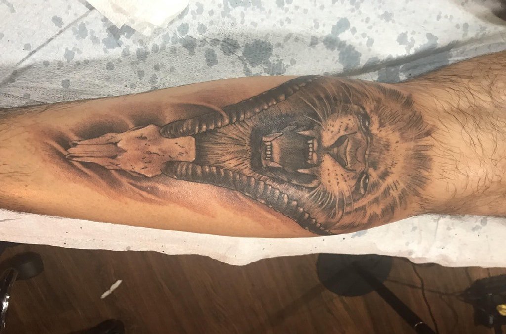 点击大图看下一张：狮子头纹身图片 男生小手臂上黑灰纹身动物狮子头纹身图片