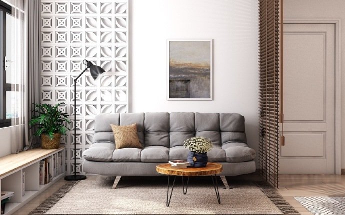 点击大图看下一张：白净的墙面，温润的木质地板，烟灰色的沙发