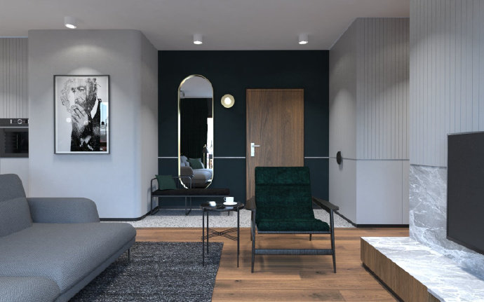 点击大图看下一张：波兰79平现代风阁楼公寓，大理石塑造轻奢感