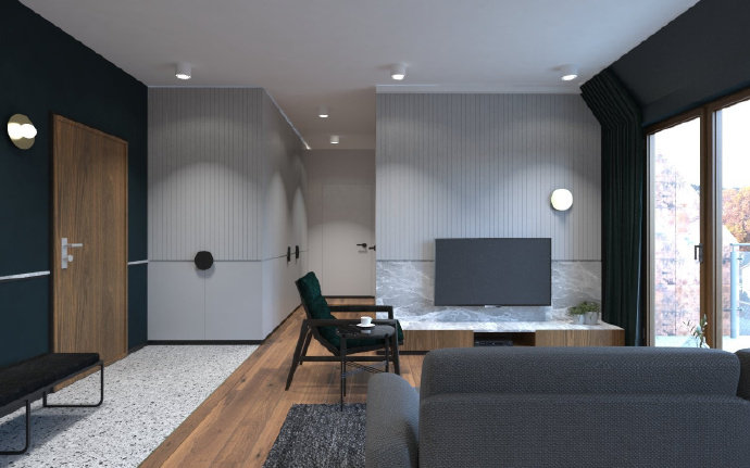 点击大图看下一张：波兰79平现代风阁楼公寓，大理石塑造轻奢感