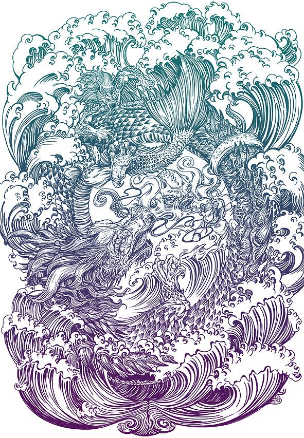 点击大图看下一张：一张哪吒闹海大满背纹身手稿素材图案