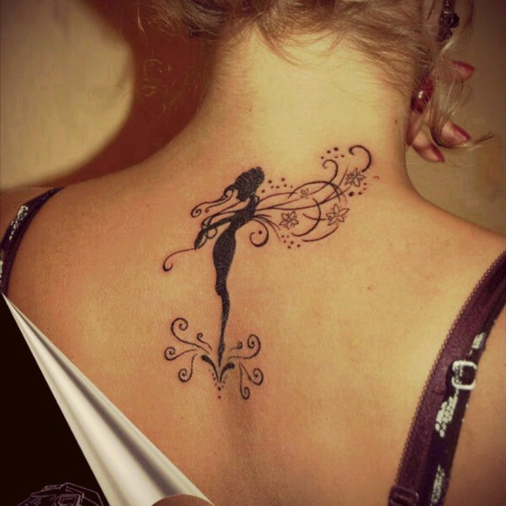 点击大图看下一张：天使翅膀纹身图案 多款黑灰色调带翅膀的天使纹身图案