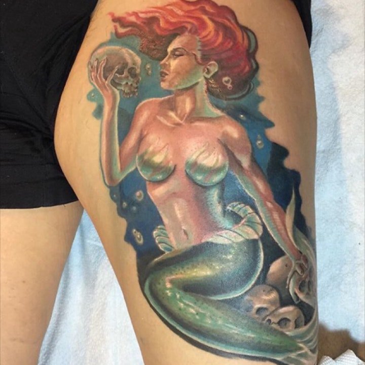 点击大图看下一张：美人鱼纹身图案 美丽性感的彩绘纹身美人鱼纹身图案