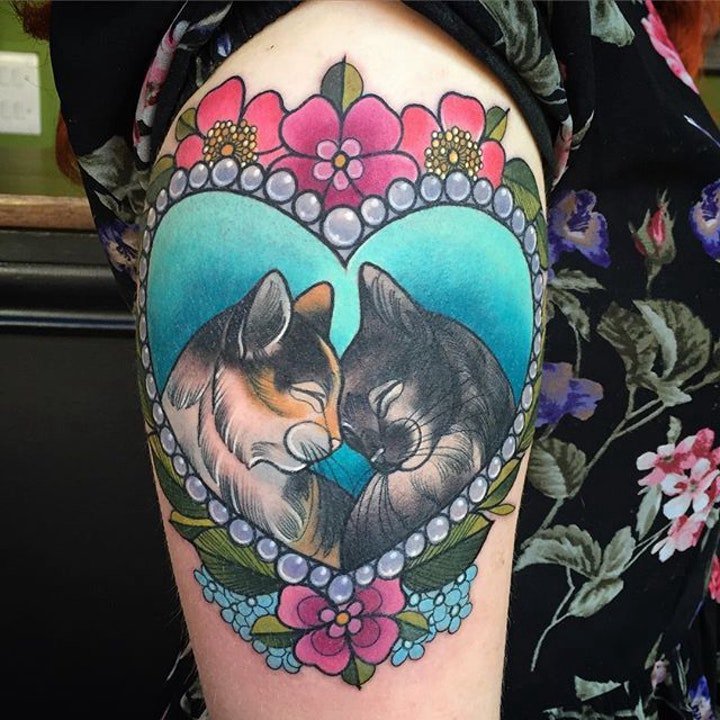 点击大图看下一张：纹身图案小猫 多款彩绘纹身或黑色的小猫纹身图案
