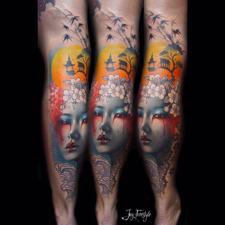 点击大图看下一张：日本艺妓纹身图 黑灰或彩绘的日本艺妓包臂纹身图案