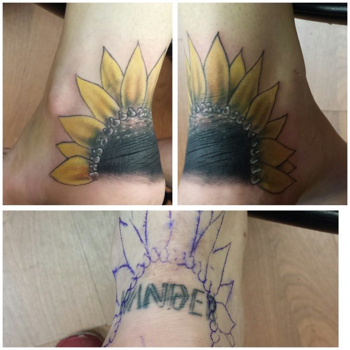 点击大图看下一张：向日葵纹身图 10款彩绘纹身植物漂亮的向日葵纹身图案