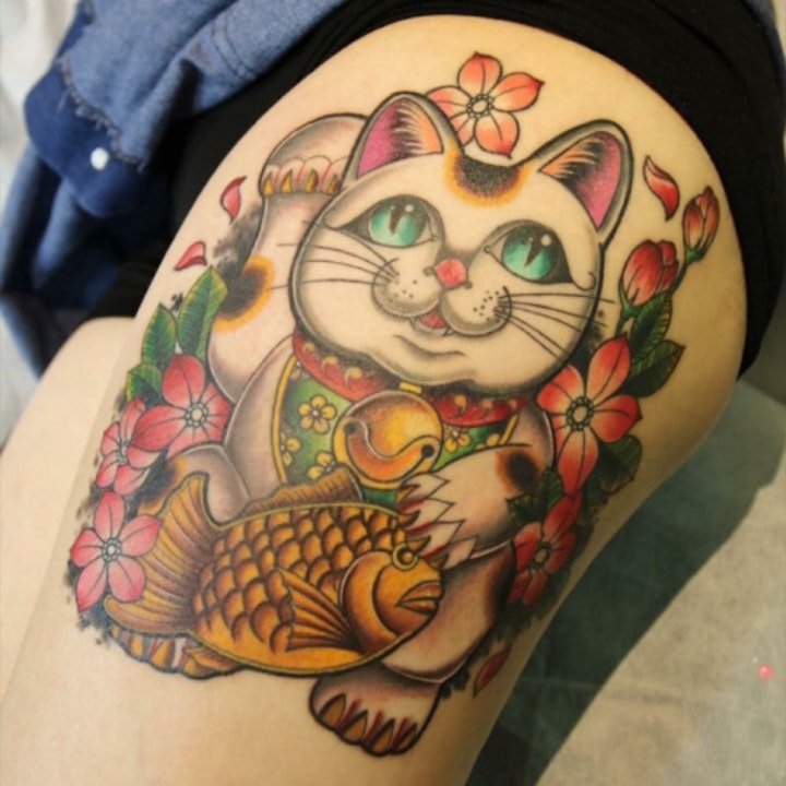 点击大图看下一张：小猫咪纹身图案 卡通和小清新纹身风格的小猫咪纹身图案