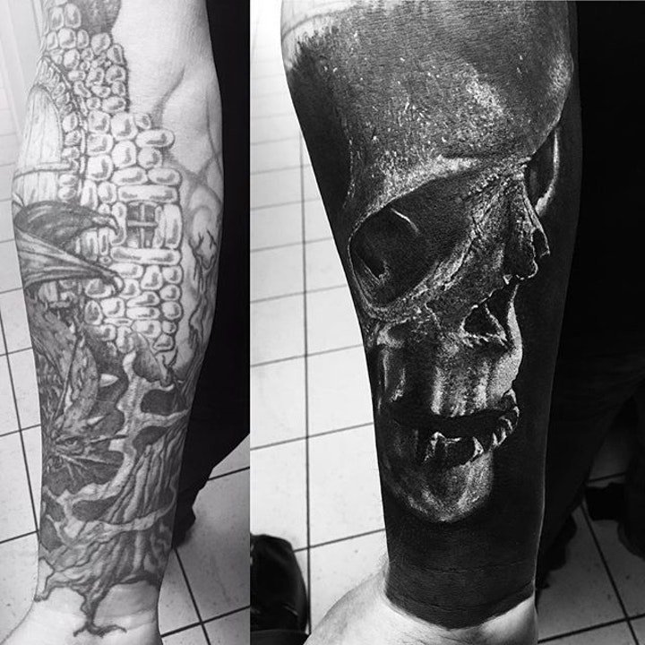 点击大图看下一张：恐怖纹身图案  10款令人恐惧的写实骷髅纹身图案