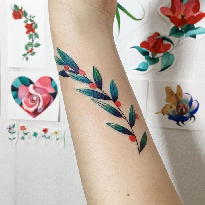 点击大图看下一张：植物纹身图案 多款彩绘纹身创意和小清新纹身植物图案