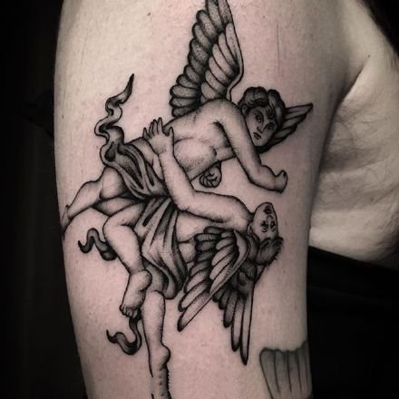 点击大图看下一张：纹身小天使-黑灰色的一组西方小天使纹身图案