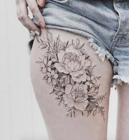 点击大图看下一张：性感大腿纹身  女士大腿处性感的花花纹身图片