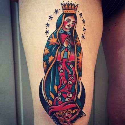 点击大图看下一张：圣母纹身 Oldschool风格的西方宗教圣母纹身图案