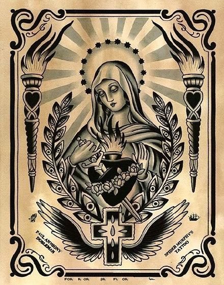 点击大图看下一张：圣母纹身 Oldschool风格的西方宗教圣母纹身图案