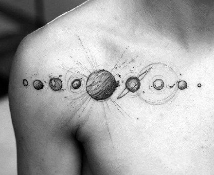 点击大图看下一张：星球宇宙纹身 经典的一组点刺星球纹身图案