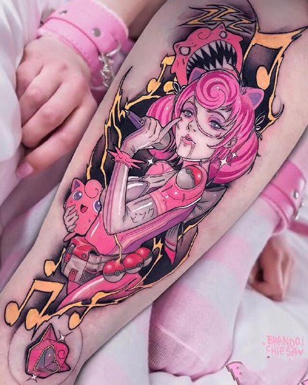 点击大图看下一张：漫画纹身 日漫粉色风格的一组女郎纹身图片