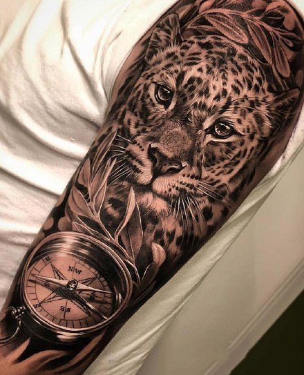 点击大图看下一张：狮头虎头纹身 9组逼真的手臂包臂写实虎头和狮子头纹身图案