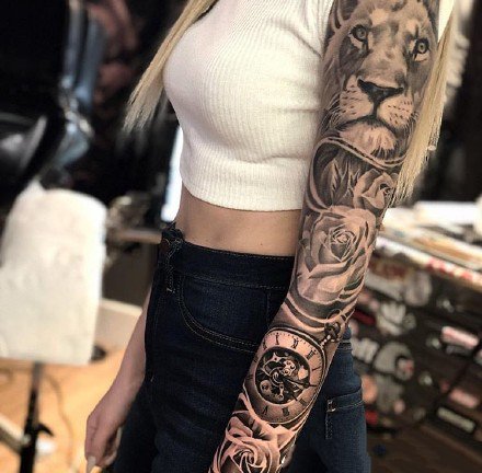 点击大图看下一张：狮头虎头纹身 9组逼真的手臂包臂写实虎头和狮子头纹身图案