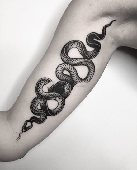 点击大图看下一张：黑色小蛇纹身 9款兵器和小黑蛇搭配的纹身图案