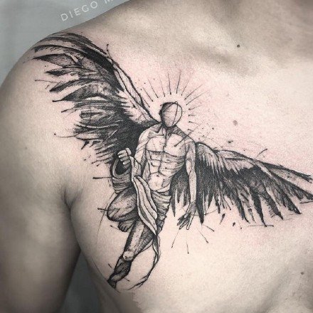 点击大图看下一张：翅膀纹身 黑色的一组帅气点线翅膀主题纹身作品