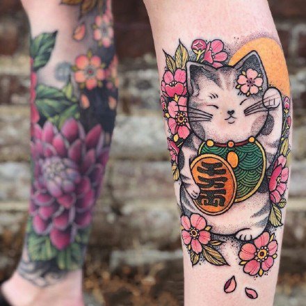 点击大图看下一张：纹身招财猫图案 9款可爱的招财猫主题纹身图案