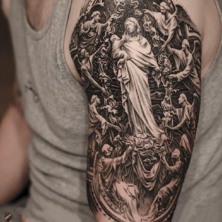 点击大图看下一张：欧美宗教主题的一组包大臂写实纹身图片