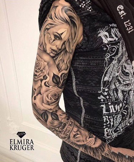 点击大图看下一张：9张欧美女生的写实大花臂纹身图案