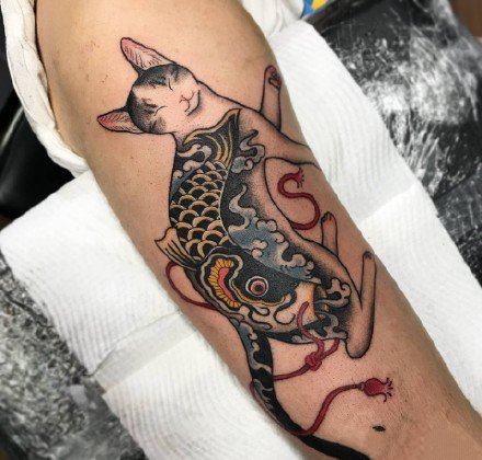 点击大图看下一张：日式风格的一组传统猫纹身图片