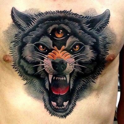 点击大图看下一张：恶狼纹身：9张滴血狼头等凶恶的狼纹身图案