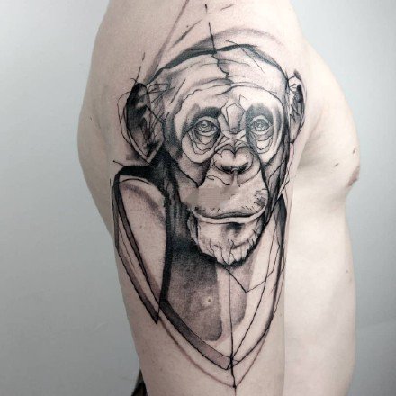 点击大图看下一张：猴子纹身：好看的一组猴子猩猩主题的黑灰纹身图案