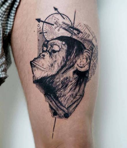 点击大图看下一张：猴子纹身：好看的一组猴子猩猩主题的黑灰纹身图案