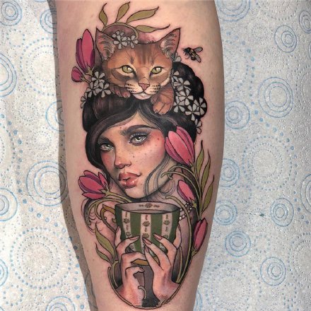 点击大图看下一张：独特古典韵味的女性肖像纹身--纹身艺术家Hannah Flowers作品