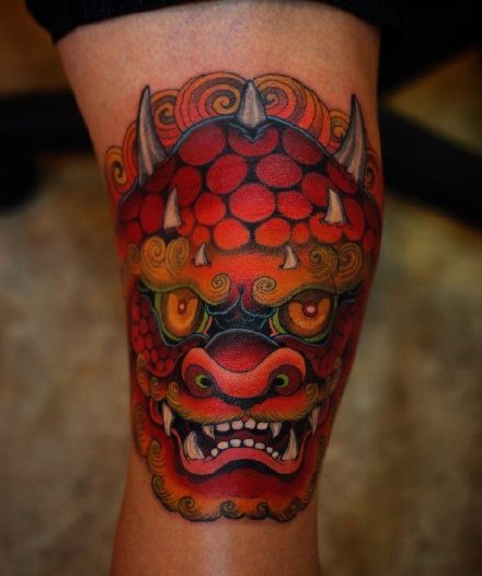 点击大图看下一张：传统6款小腿唐狮纹身图案-越南纹身师Jun Teppei作品